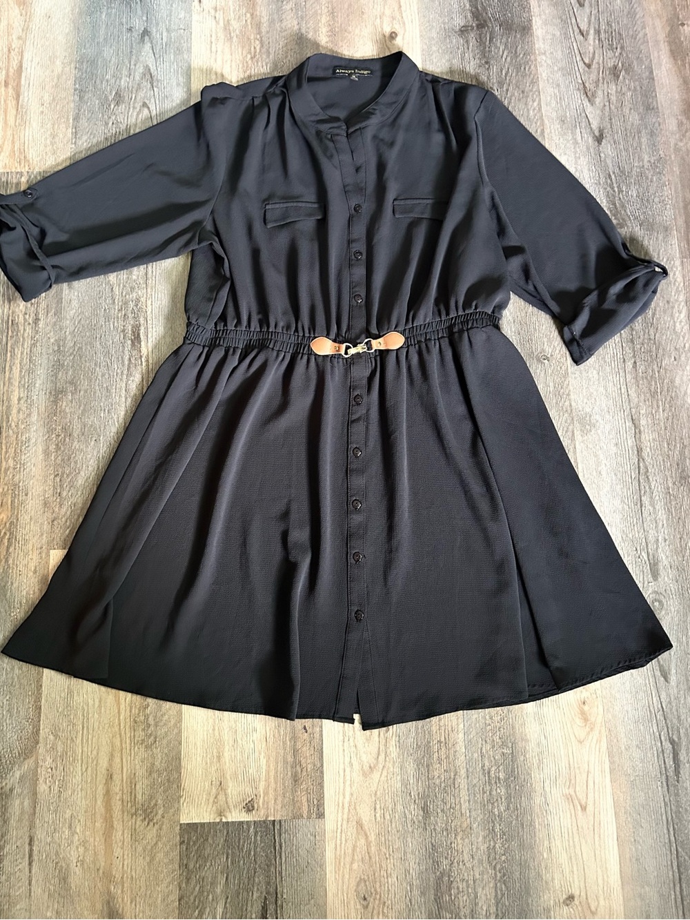 Black Button-Front Mini Shirt Dress with Buckle Waist